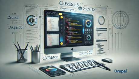 A sleek, modern computer screen displaying a website being edited with CKEditor 5. The screen shows highlighted code snippet.