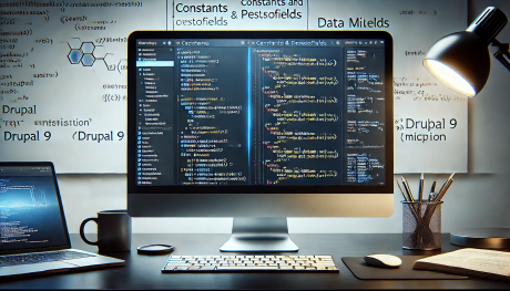 A clean, modern computer screen displaying code with constants and pseudofields in a Drupal 9 migration script. The screen shows a well-organized work