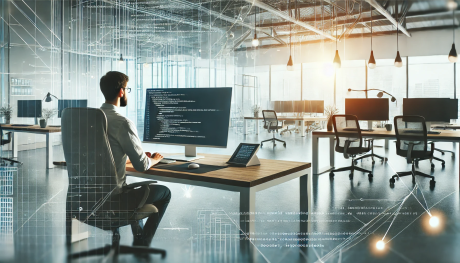 A professional landscape image showing a programmer working on a computer, with lines of code visible on the screen.