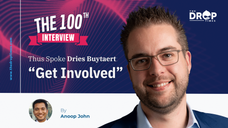 A bust of Dries Buytaert and Anoop John used in the poster with words: The 100th Interview | Thus Spoke Dris Buytaert: "Get Involved"