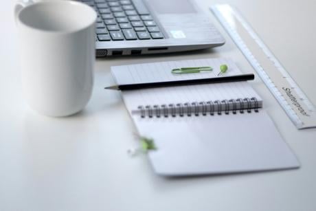 keyboard, mug and notepad