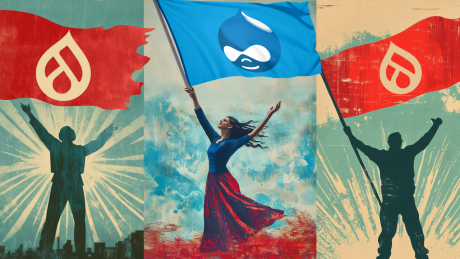 Illustrations of people holding flags with Drupal logos