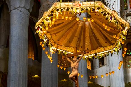 Depiction of Christ being crucified inside the Sagrada Familia, Barcelona, Spain.