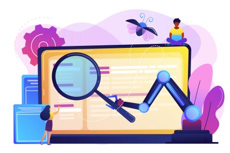 Laptop and software assisting in testing process, tiny people testers. Automated testing, automotive executed test, software auto tester concept. Bright vibrant violet isolated illustration