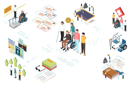 Accessibility isometric flowchart with handicapped people using various devices vector illustration
