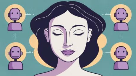 illustration of a woman connected to 4 robots