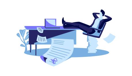 Happy businessman sits with his legs thrown on the table, a contract is successfully concluded, cartoon vector illustration