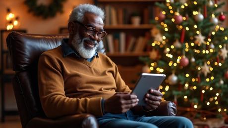 An old man looking at tab