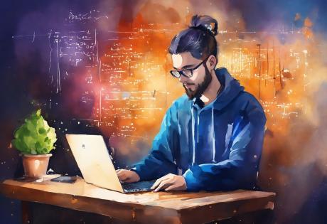 A man with tied hair and beard working on computer