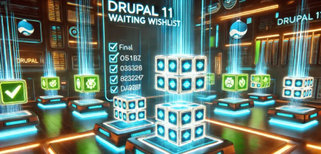 A futuristic, technological operating theatre featuring a 'Drupal 11 Waiting Wishlist'
