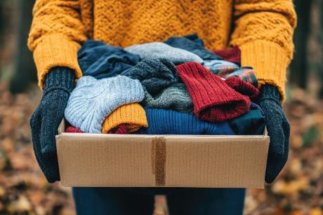 AI generated image of a pair of hand holding a box of woolen clothes