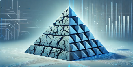 A clean, wide-format digital illustration of two pyramids side by side, clearly distinct, in blue tones. 