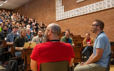 Dries Buytaert doing a Q&A at Drupal Dev Days in Leuven