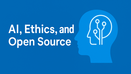Text that reads, "AI, Ethics, and Open Source" with the graphic of a head with a second head inside that looks like circuits. The banner is blue.