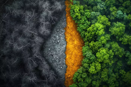 Green forest and burned down forest