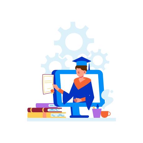 Online education distant courses flat illustration with university graduateOnline education distant courses flat illustration with university graduate