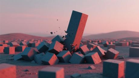 A large rectangular block crashes into the ground, breaking apart surrounding cubes in a barren desert-like landscape under a pink sky.