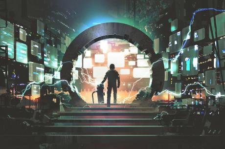 A man infront of a portal