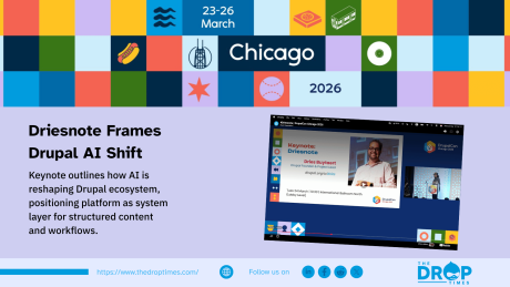 A hero image on a neutral background displaying the title “Driesnote Frames Drupal AI Shift” and the deck “Keynote outlines how AI is reshaping Drupal ecosystem, positioning platform as system layer for structured content and workflows.” The card includes DrupalCon Chicago branding and a profile image of Dries Buytaert indicating the speaker. The layout is clean and text-focused, summarising a keynote on Drupal’s evolving role in an AI-driven landscape.