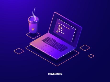 avatar Laptop with program code isometric icon, software development and programming applications dark neon