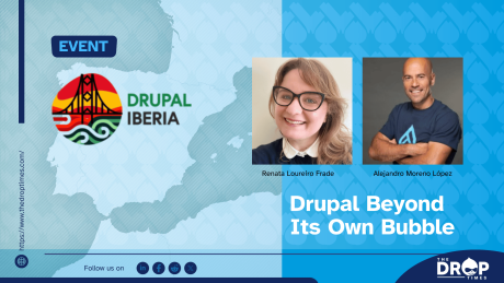 A horizontal hero image with a clean, neutral background featuring the Drupal Iberia logo and profile images of both keynote speakers. The title “Drupal Beyond Its Own Bubble” is prominently displayed across the centre, with a small supporting label reading “Keynotes on visibility and inclusion.” The layout introduces keynote discussions on ecosystem perception and inclusive technology futures.