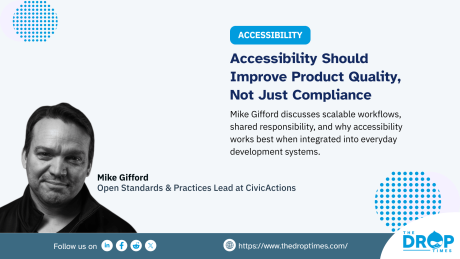 Portrait of Drupal accessibility maintainer Mike Gifford beside editorial text discussing accessibility, workflows, and product quality in AI-assisted development environments.