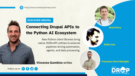 Hero image for a The Drop Times feature about Drupal, Python, and AI integration workflows. A large portrait of Vincenzo Gambino appears beside the headline “Connecting Drupal APIs to the Python AI Ecosystem” and deck text about Python client libraries bringing native JSON:API utilities to external pipelines. Smaller contributor portraits on the right show Brian Perry, Shibin Das, and Francesco Maria Battaglia.