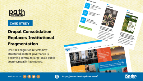Hero image featuring UNCCD and Drupal-themed institutional branding with a clean enterprise-style layout. The card title reads “Drupal Consolidation Replaces Institutional Fragmentation” and the deck reads “UNCCD’s migration reflects how structured content governance is becoming central to large-scale public-sector Drupal infrastructure.”