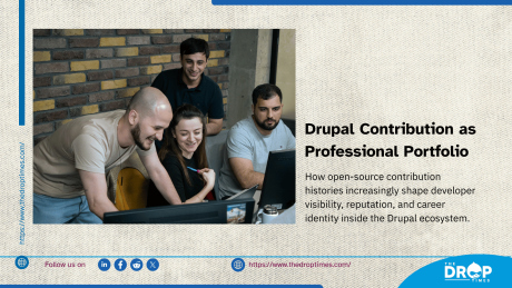 Illustrated graphic about Drupal contribution history as part of developer visibility, reputation, and professional portfolio building.