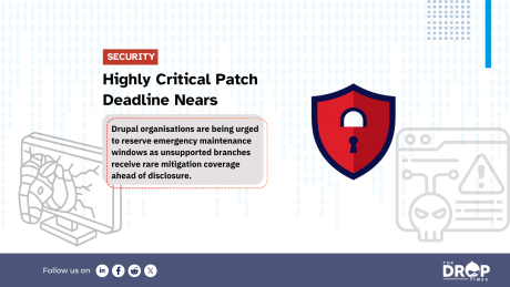 Hero image featuring Drupal visual branding and restrained operational styling. The headline reads “Highly Critical Patch Deadline Nears” and the deck states: “Drupal organisations are being urged to reserve emergency maintenance windows as unsupported branches receive rare mitigation coverage ahead of disclosure.”