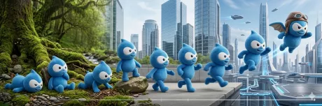 A panoramic digital illustration showing a progression of the blue Drupal mascot evolving from a crawling creature in a mossy forest, to a walking and running figure in a modern city, and finally to a flying hero wearing a pilot helmet in a futuristic, sci-fi cityscape.