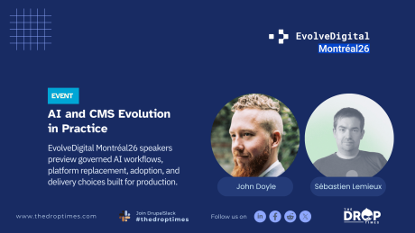 Hero image for an EvolveDigital Montréal26 feature, with the title “AI and CMS Evolution in Practice” and a deck about governed AI workflows, platform replacement, adoption, and production delivery choices.