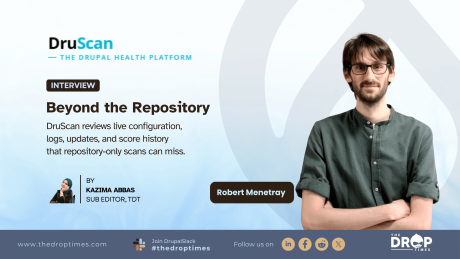 Hero graphic for a TDT interview on DruScan. The card shows the DruScan logo, the title “Beyond the Repository,” deck text about live configuration, logs, updates, and score history, a byline for Kazima Abbas, and a portrait beside a name label reading “Robert Menetray.”