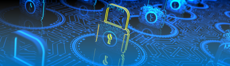 A security-themed illustration featuring multiple glowing blue digital padlocks arranged across a circuit board background, symbolizing robust cybersecurity and data protection.