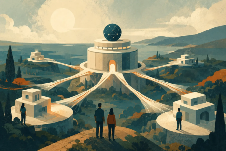 The image depicts a stylized, architectural illustration of a central hub connected to multiple smaller structures by luminous pathways, symbolizing a centralized system with distributed points, with several individuals looking on from a foreground hilltop.