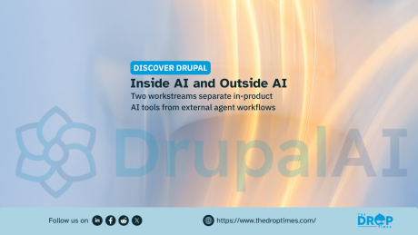 A promotional graphic titled "Inside AI and Outside AI," which explains that the Drupal AI initiative has split its strategy into two workstreams to differentiate in-product AI tools from external agent workflows.