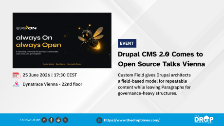 A branded event hero image for Open Source Talks by OffOn x Dynatrace, featuring the title “Drupal CMS 2.0 Comes to Open Source Talks Vienna” and deck text about Drupal CMS, OpenFeature, feature flags, and community networking.