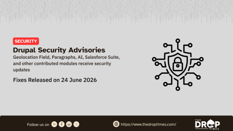 A security graphic on a light gray background, featuring a digital shield and padlock icon, announcing that security updates were released on 24 June 2026 for contributed modules including Geolocation Field, Paragraphs, AI, and Salesforce Suite.