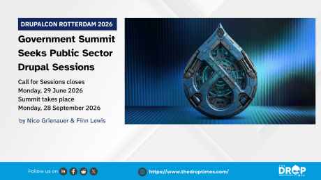 Graphic for the Government Summit at DrupalCon Rotterdam 2026, with session proposal deadline and event date.