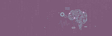     A wide banner graphic with a muted magenta or dusty purple background featuring a subtle digital dot-matrix grid pattern. On the right side, there is a glowing neon-cyan illustration of a human brain formed by circuit board paths and glowing nodes. Surrounding the brain illustration are small technical symbols, including binary code, dual interlocking gears, a soundwave line, and a source code icon
