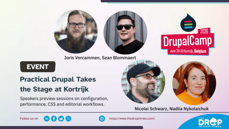 DrupalCamp Kortrijk speaker preview graphic highlighting practical Drupal sessions on configuration, performance, CSS and editorial workflows.