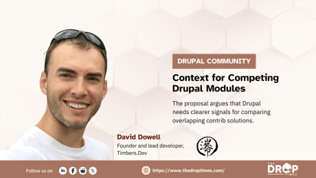 Hero image for a Drupal community story about a proposal to improve how users compare contributed modules on Drupal.org. The image features David Dowell, founder and lead developer of Timbers.Dev. The headline reads “Context for Competing Drupal Modules,” with supporting text stating that the proposal argues Drupal needs clearer signals for comparing overlapping contrib solutions.