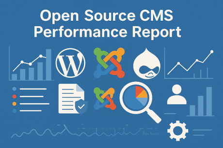 > Promotional graphic titled "Open Source CMS Performance Report" on a blue background. The title is accompanied by logos for WordPress, Joomla, and Drupal, surrounded by various data analysis icons, including bar charts, line graphs, a magnifying glass over a pie chart, a user profile, a gear, and a secured document checklist.
