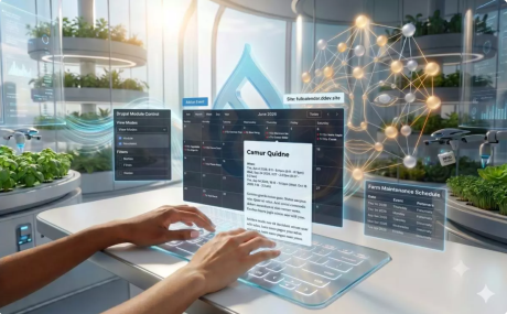A futuristic, high-tech workspace image featuring an individual interacting with a transparent, illuminated holographic interface that displays a "June 2026" calendar, a "Drupal Module Control" panel, and a "Farm Maintenance Schedule."