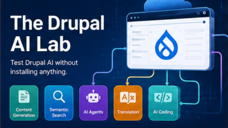 A promotional graphic titled "The Drupal AI Lab" which advertises the ability to test Drupal AI features—including Content Generation, Semantic Search, AI Agents, Translation, and AI Coding—without the need for local installation.