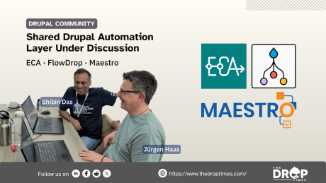 Hero image for The DropTimes showing a Drupal Community story card titled “Shared Drupal Automation Layer Under Discussion” with the subtitle “ECA · FlowDrop · Maestro.” The image includes project logos for ECA, FlowDrop, and Maestro, plus a photo of Shibin Das and Jürgen Haas seated at a table with laptops. The DropTimes branding, website URL, and social media icons appear in the footer.