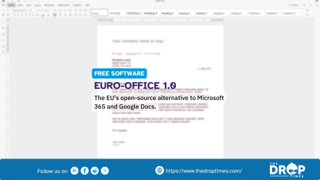 Promotional banner featuring a blurred web browser interface displaying a text document editor in the background. Prominent text overlaid in the center reads "FREE SOFTWARE" in a bright blue badge, followed by the large purple title "EURO-OFFICE 1.0" and the subtitle "The EU's open-source alternative to Microsoft 365 and Google Docs." A solid blue bar spans the bottom of the image, showcasing social media follow icons, the website URL "https://www.thedroptimes.com/", and "THE DROP TIMES" logo.