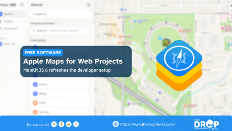 Promotional graphic titled "Apple Maps for Web Projects," announcing that MapKit JS 6 refreshes the developer setup. The background features a blurred Apple Maps interface with WebKit Logo on the right.