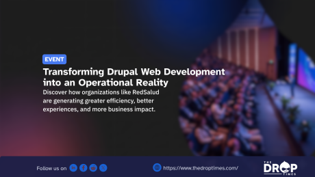 Event graphic titled "Transforming Drupal Web Development into an Operational Reality." The text details how organizations achieve higher efficiency and business impact, set against a dark background featuring a blurred audience in an auditorium.