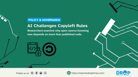 Promotional graphic titled "AI Challenges Copyleft Rules," explaining why open-source licensing now depends on more than published code. The layout features a dark green background with circuit board patterns, alongside icons representing open code, an unlocked padlock, and a copyleft symbol.